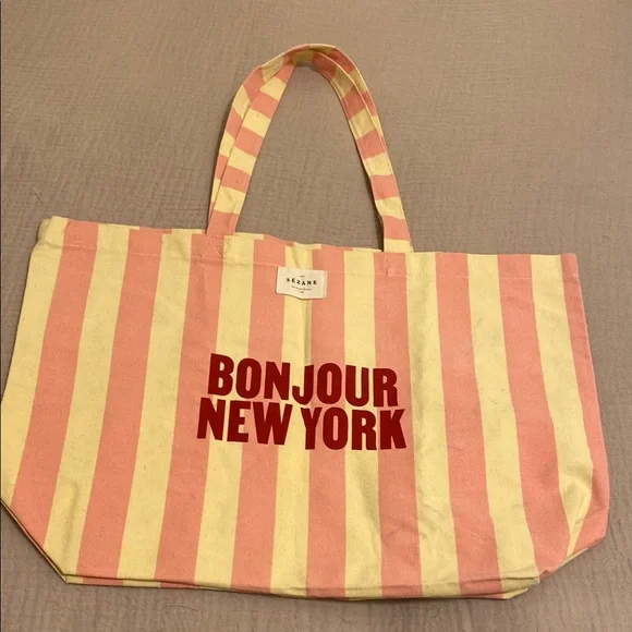 Sezane “Bonjour New York" Pink and Cream Striped Tote Bag - Picture 2 of 7